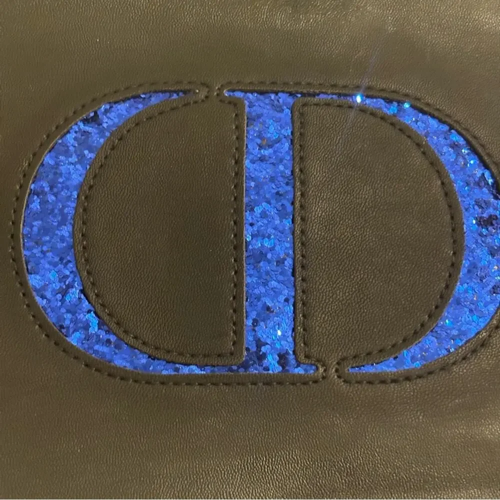 CHRISTIAN DIOR BLUE GLITTER BLACK ZIP MAKEUP COSMETIC POUCH CLUTCH BAG SM